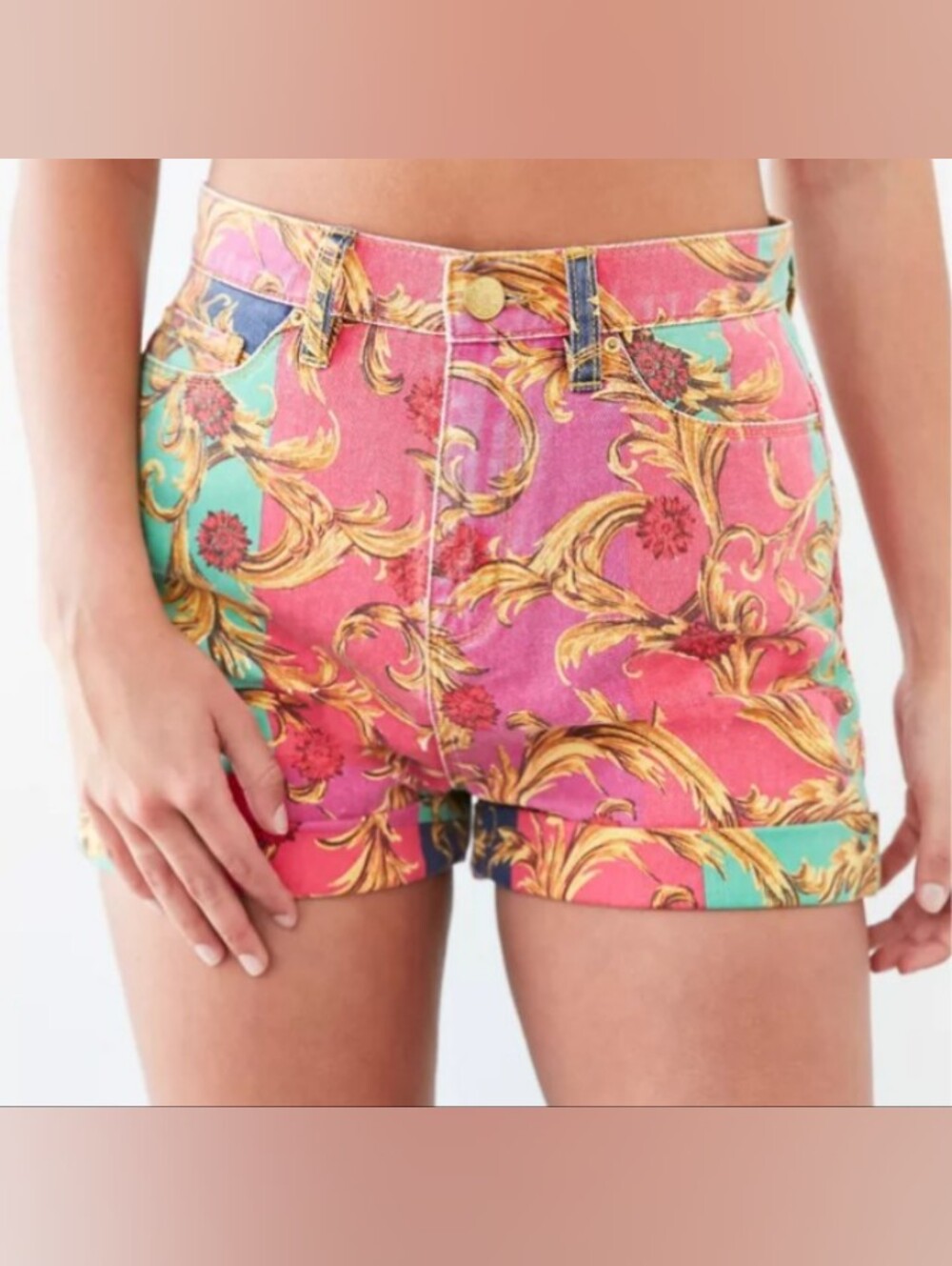 BDG Colorblock Brocade High Rise Denim Mom Shorts Floral Festival Retro 90's Y2K